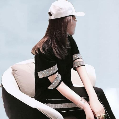 2020 New Summer Fashion Hot Drilling Hole Short Sleeve Tshirts For Women Solid Color All-match Loose Black Feminine Tops 234