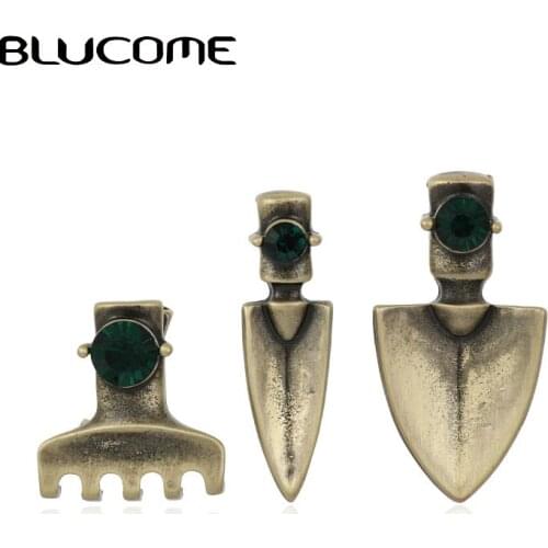 Blucome Vintage Crystal shovel Brooch Set Antique Silver Color Garden Tools Harajuku Brooches Badge Clothes Hijab Pins 3pcs/lot