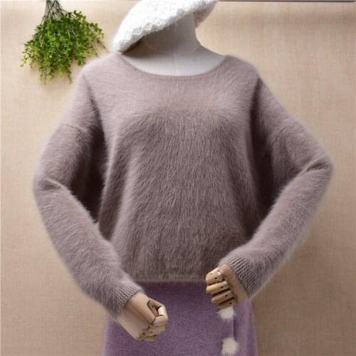 Ladies women fashion hairy plush mink cashmere knitted long batwing sleeves loose pullover angora rabbit fur jumper sweater pull