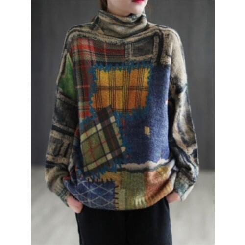 Winter New Sweater Women Knitting Loose Retro Tops Women Turtleneck Print Casual Sweater Vintage Pullovers Tops