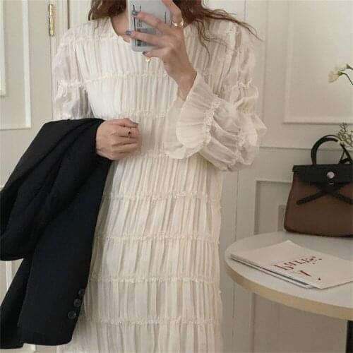 Alien Kitty Apricot Folds Ruffles Straight Long Dress Elegant 2021 Office Lady Chic All Match New Autumn Hot Bottom Women Robe