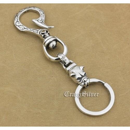 925 Sterling Silver Bulldog Dog Cross KeyRing Mens Biker Punk Hook KeyChain 8B008KC