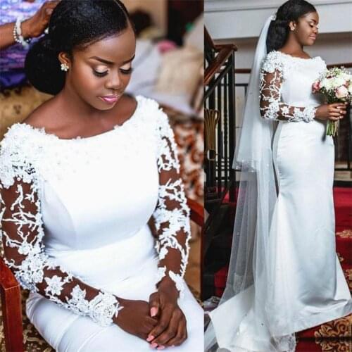 African Satin Mermaid Wedding Dresses 2022 Long Sleeves Lace Beaded Bridal Gowns Plus Size Elegant robes de mariée