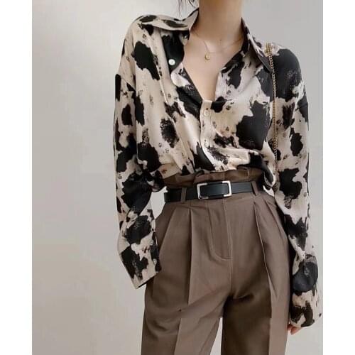 Oversized Chiffon Printed Women Shirts Summer New 2021 Turn-Down Collar Vintage Office Lady Outwear Coats Tops