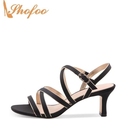 Black High Block Heels Sandals Woman Almond Toe Large Size 14 15 Ladies Fashion Crisscross Straps Buckle Mature Shoes Shofoo