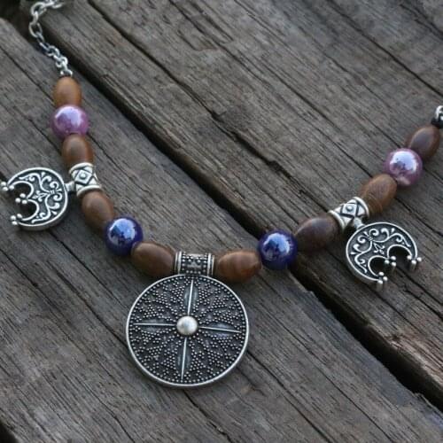 Purple Beads With Natural Stone Pendant, Slavic inspirations, Viking Age Dress Kette Necklace Brooch Tribal Jewelry For Women