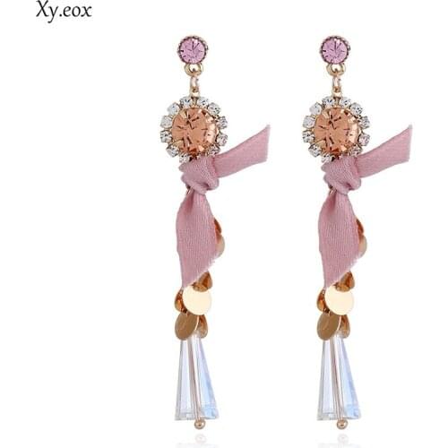 Grace Long Rhinestone Silk ribbon Copper sheet Crystal beads Earrings