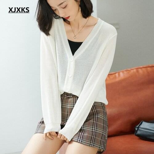 XJXKS 2021 spring summer new fashion V-neck women cardigan thin linen stitching knitted sweater women sun protection clothing