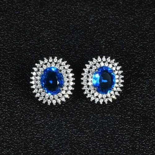 Classic Oval Stud Earrings S925 Silvery Luxury Vintage Jewelry Inlay Blue Crystal Cubic Zircon Womens Wedding Anniversary Gift