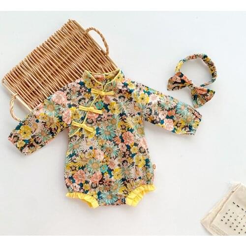 Chinese Style Newborn Baby Romper Cheongsam Long Sleeve Cotton Flower One-piece Clothes Baby Girls Clothing Spring And Autumn
