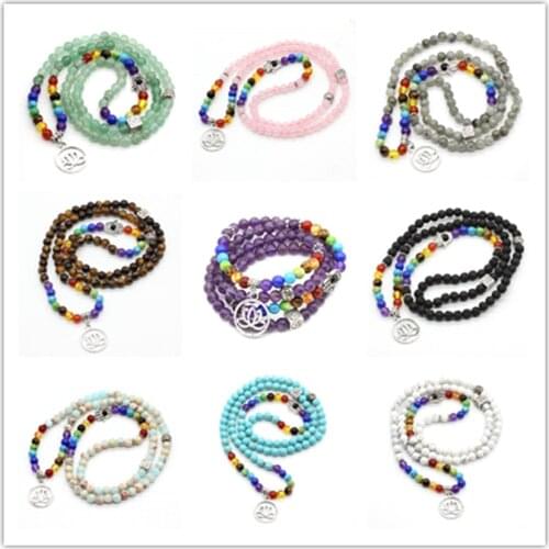 Kraft-beads Silver Plated Lotus Flower With Layer 6 mm Round Beads Colorful Stone 3D Bracelet Fatima Palm Jewelry
