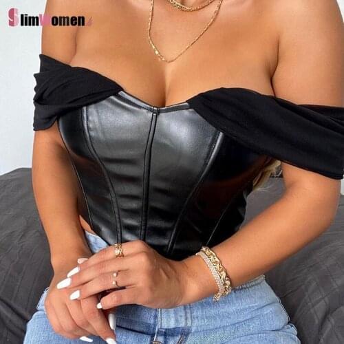 Summer Mesh PU Leather Sexy Bustier Corset Top Off Shoulder Chiffon Strapless Female Bodycon Top Cropped Tops Women Party Camis