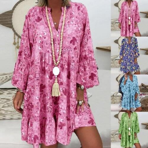 Woman Fashion Dress Beach Women Casual Mini Dress Cactus Print Ruffled Women V Neck Long Sleeve Buttons Dress Women Clothing
