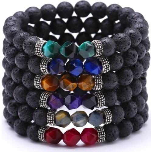 Retro Reiki Healing Energy Black Lava Bracelet Colorful Red Blue Green Stone Real Natural Tiger Eye Stone Strand Bracelets Male