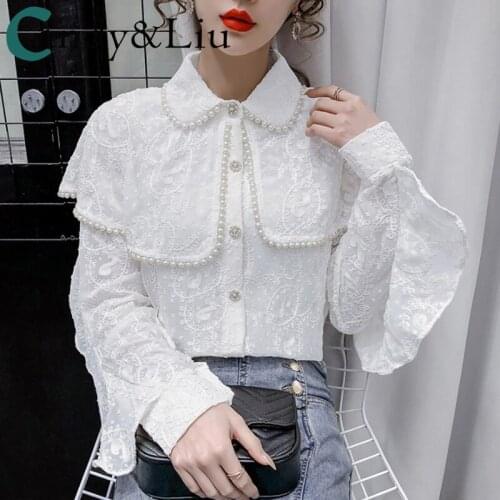 Bride Shirts French Court Lace Embroidered Pearls Loose design Shawl Bead Long-sleeved Party Date Beautiful Women Princess Shirt