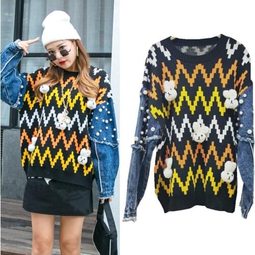 New Plus Size Appliques Bear Women Sweater Cute Demin Long Sleeve Patchwork Pearl Beads Striped Pullovers Knitted Loose Sweaters