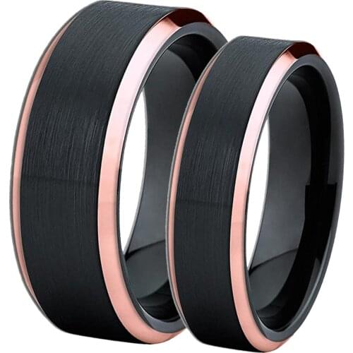 6mm/8mm Mens Women Brushed Tungsten Carbide Wedding Band Ring Black With Rose Golden Custom Engraved Personalized Tungsten Ring