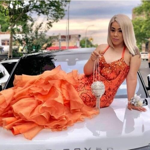 African Orange Mermaid Prom Dresses Halter Sequins Crystal Beaded Organza Sequined Ruffles Tiered Long Sexy Evening Party Gowns
