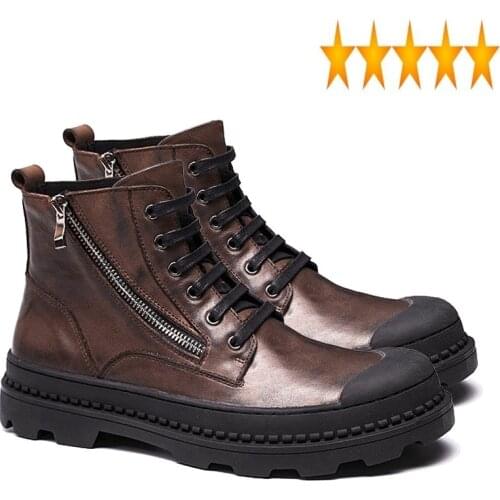 Help Winter High Mens Genuine Leather Desert Boots Round Toe Fleece Lining Warm Shoes Lace Up Footwear Side Zipper