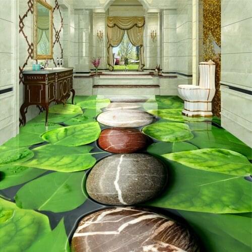 PVC Waterproof Self-adhesive 3D Floor Mural Cobblestone Green Leaf Living Room Bathroom Floor Decoration Vinyl Wallpaper Murals
