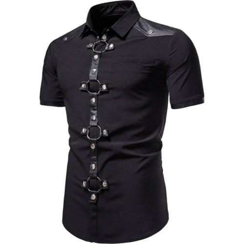 Rivet Leather Patchwork Hip Hop Punk Shirts Mens Black Gothic Style Short Sleeve Shirt Harajuku Vintage Blusas Streetwear
