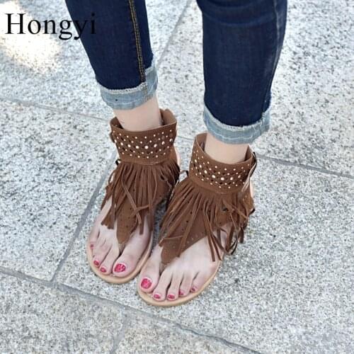Hongyi Summer Women Bohemian Sandals Flats Tassels Casual Summer Shoes Woman Flip Flop Slipper Beach Sandals Flats Zapatos Mujer