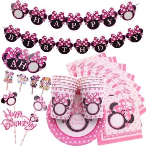 Disney Minnie Mouse Theme Birthday Party Supplies Cup Plate Kids Girl Birthday Party Decoration Balloon Disposable Tableware Set