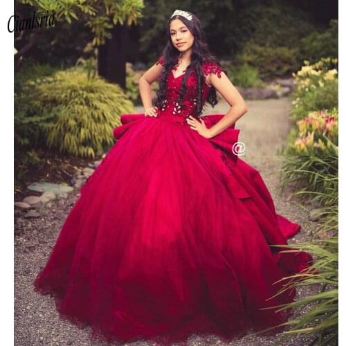 Dark Red Cap Sleeve Handmade Flowers Ball Gown Quinceanera Dresses Ruffles Appliques Crystal Sweet 16 Dress Prom Party Dress