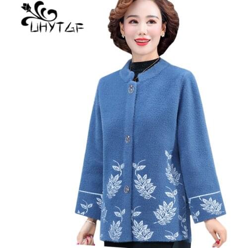 UHYTGF Imitation Mink Fleece Autumn Winter Sweater Jacket Women Elegant Mom Short Top Loose Plus Size Cardigan Female Coats 1350