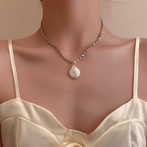 VSnow Bling Bling Rhinestone Chain Pendant Necklace for Women Irregular Simulation Pearl Metallic Party Necklace Jewellery