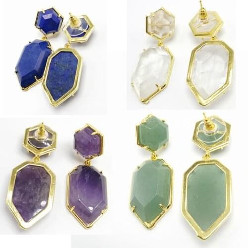 Women Stud earring Geometric Gems Jewelry Double Side Faceted HexagSword tip on Natural Stone Labradorite Earring