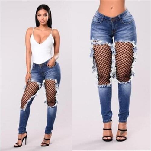 Women Slim Pants Washed Ripped Hole Gradient Long Jeans Denim Sexy Regular Pants Jean Women Clothes