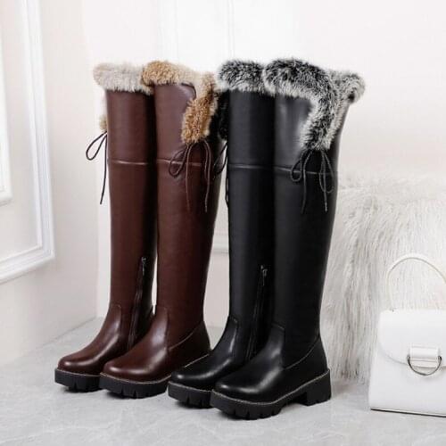 Womens Over The Knee Boots Females Rabbit Fur Side Zipper Leather Non-Slip Round Toe Flat Platform Ladies Elegant Shoes 41-43