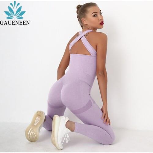 GAUENEEN Women Seamless Fitness Suit Back Strap Cross Yoga Set Booty Pants Rompers Backless Bodycon Elastic Wokout Jumpsuit