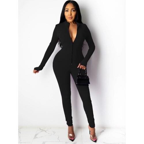 2020 Women One Piece Jumpsuit Zipper Front Long Sleeve Fitness Rompers Playsuits Fashion Streetwear Deep V Bodycon Clubwear