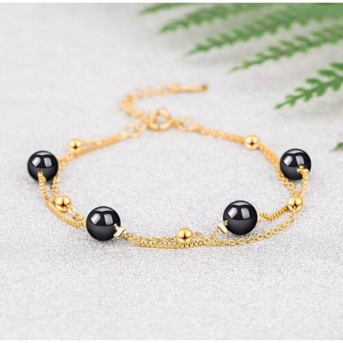 Womens Fashion Simple Style Chain Strand Bracelets Black Beads Two Row Female Elegant Bracelet Jewelry For Lady Girls Gifts