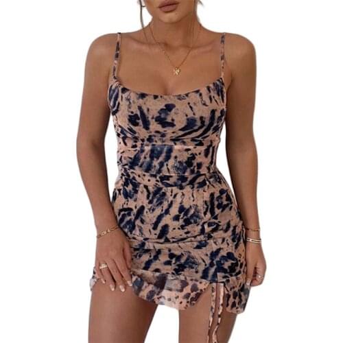 Women Spaghetti Strap Leopard Bodycon Mini Dress Sexy Split Drawstring Clubwear A69C