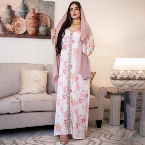 Eid Ramadan Hijab Dress for Women 2021 White Ethnic Floral Jalabiya Dubai Oman Arabic Muslim V Neck Long Sleeve Islamic Clothing