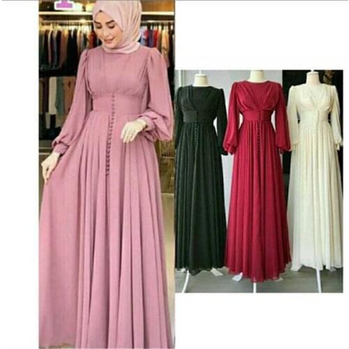 Hijab Dress 2021 Women Solid Button Chiffon Eid Mubarak Party Evening Long Dress Arabic Turkish Islamic Clothing