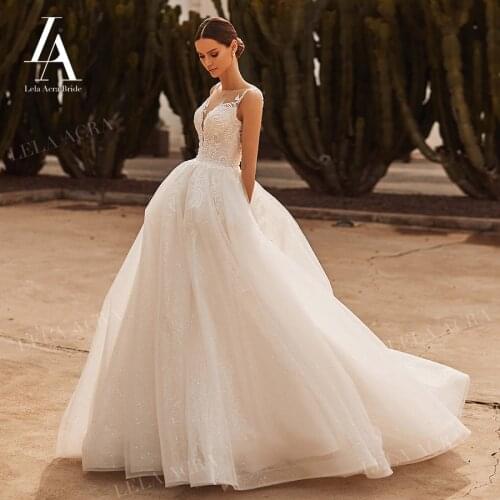 LelaAcra Sleeveless Wedding Dress Lace A-Line 2021 Sweetheart Appliques Bridal Gown Princess Court Train NO02 Vestido De Novia