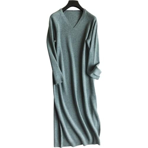 Wool cashmere blend knit women long pullover dress Vneck H-straight wide loose aqua blue 3color one&over size