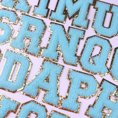 26 Blue Towel Embroidered Letters Iron On Patch Applique Badge Alphabet Sequin Patches For Kid Clothing Bags Accessories Custom