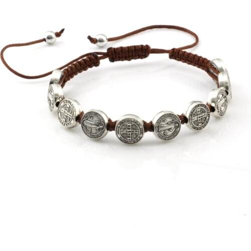 5Pcs Zinc Alloy Saint St Benedict Medal ON Adjustable Brown Cord Bracelets 8 Inch B-40
