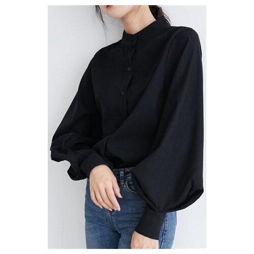 Womans Lantern Sleeve Blouse Single Breasted Stand Collar Shirts Office Work Blouse Solid Vintage Blouse Top Crop Spring Autumn