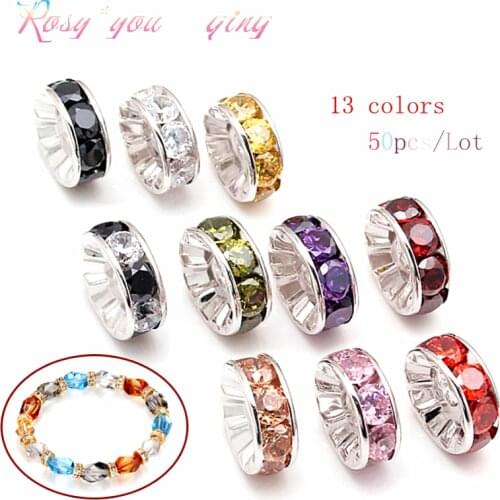 50pcs 8mm Rhinestone Rondelles Loose Spacer Beads Metal Crystal Beads for Jewelry Making DIY Accessories