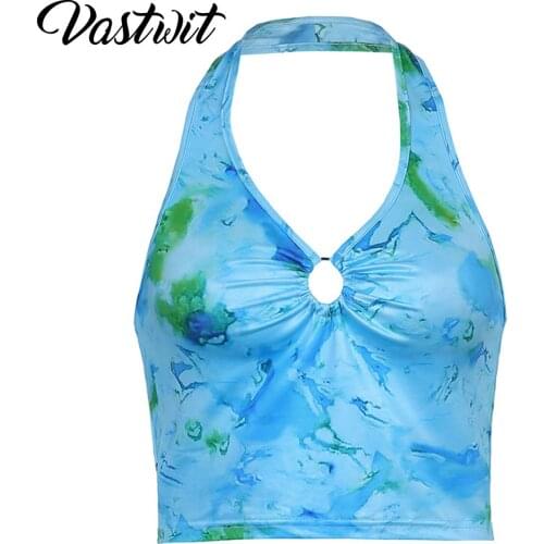 Women Printed Halter Sleeveless Crop Top Streetwear Clubwear V Neck O Ring Camisole Backless Vest