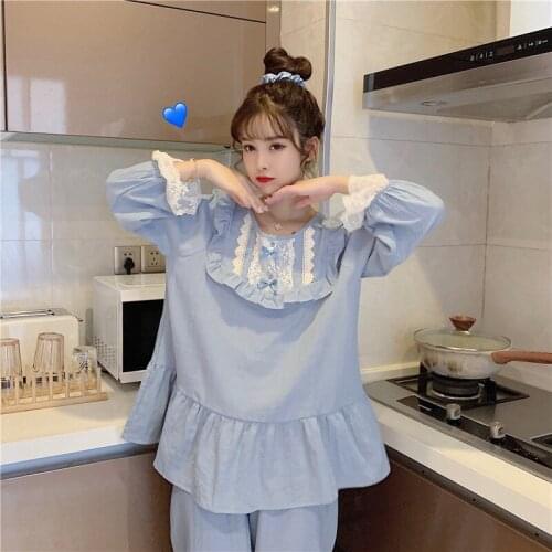 Home service two-piece sexy lace pajamas female Korean sweet long-sleeve cotton sleepwear simple casual bathrobe pijamas women