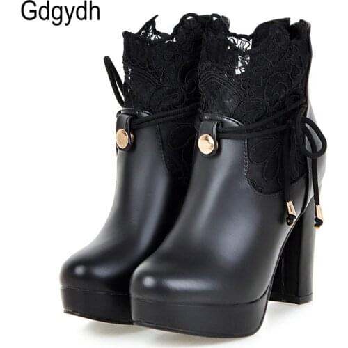 Gdgydh 2021 Lace Ankle Boots Thick High Heeled Female Short Boots Round Toe Platform Ladies Shoes White Wedding Shoes Plus Size