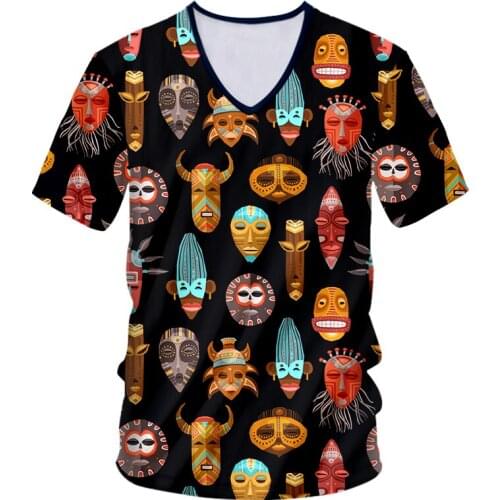 IFPD EU Size V-neck Tshirt Women/men Cool Print Totem Mask 3D T-shirt Cartoon Tops Unisex Slim Fit Short Sleeve Casual Tees 7XL