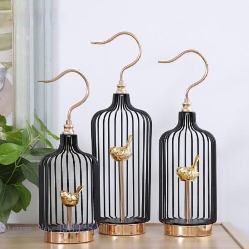 Chinese style Simulation bird cage Metal crafts ornaments Hollow out open Golden bird Desktop art furnishings Home Decoration